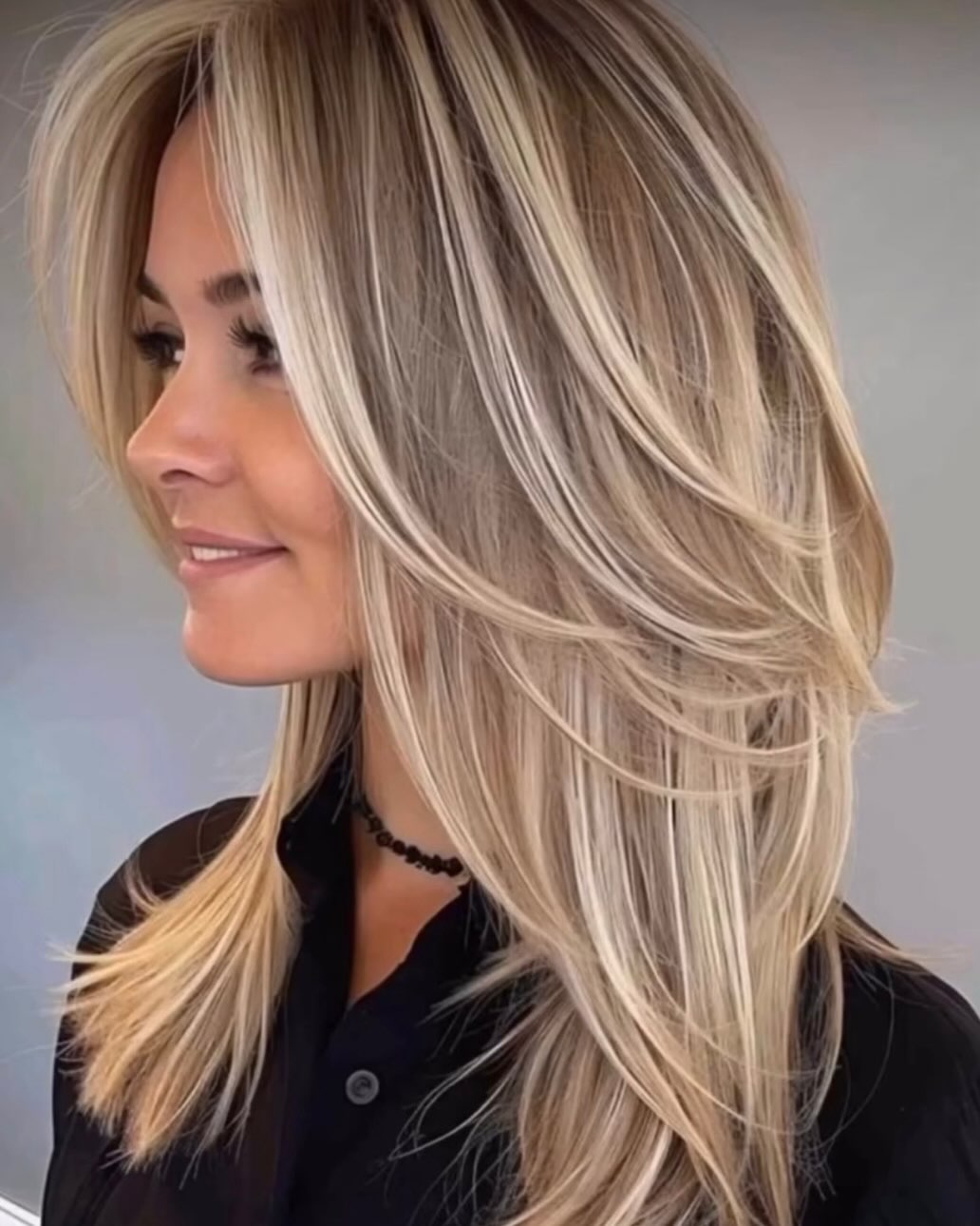 Long blonde layers, bright highlights